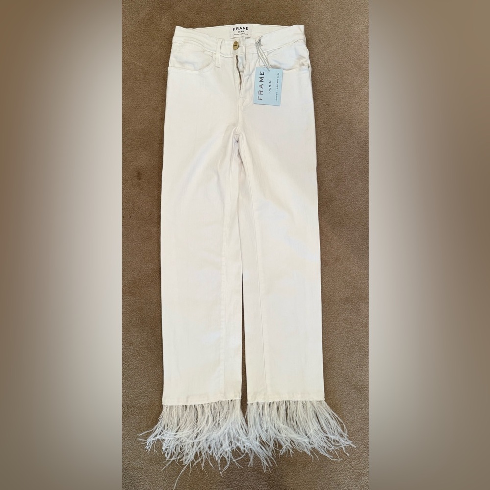Frame Denim Cream Feather Hem Jeans